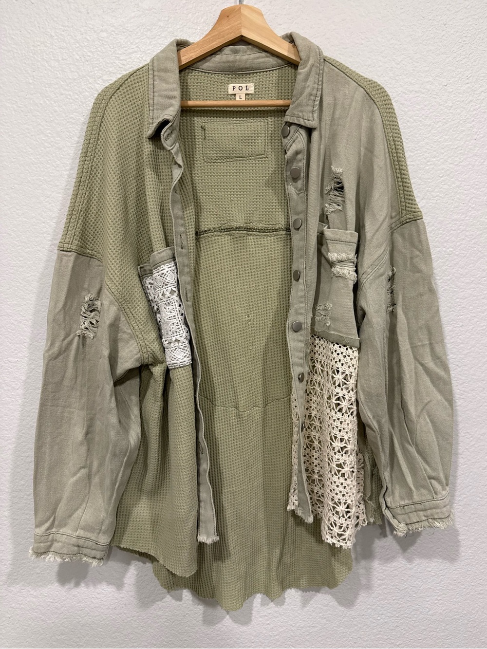 POL Sage Green Distressed Lace Patchwork Shacket - L